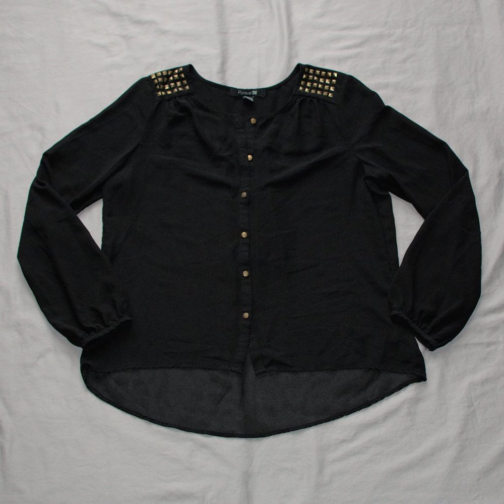 sheer black button down top with gold studs - L